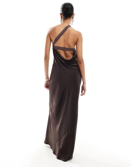 ASOS DESIGN one shoulder maxi dress with grosgrain strap in chocolate brown - Image 2