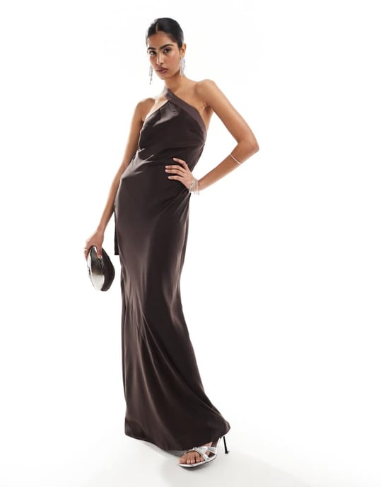 strapless open back dress One Shoulder Satin Finish Maxi Dress in Navy