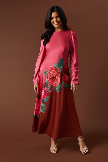 Premium Satin Placement Print Button Detail Maxi Dress - Image 1