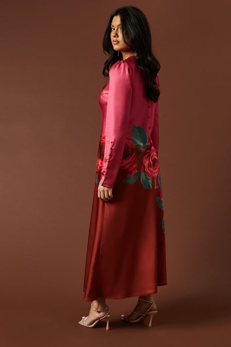 Premium Satin Placement Print Button Detail Maxi Dress - Image 3