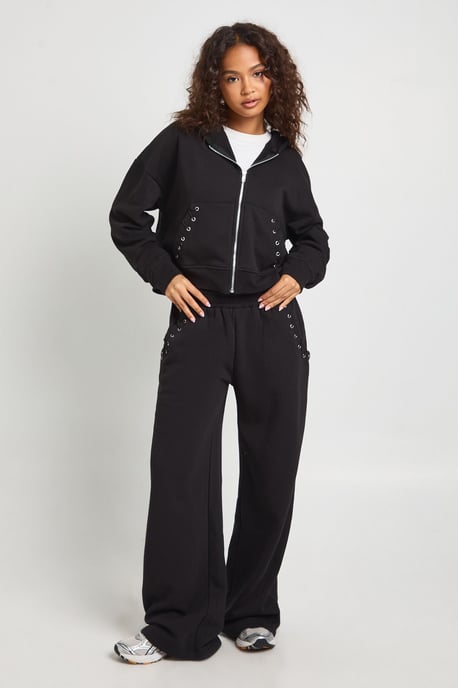 Stitch Detail Zip Through Hoodie And Wide Leg Jogger Tracksuit - Image 3