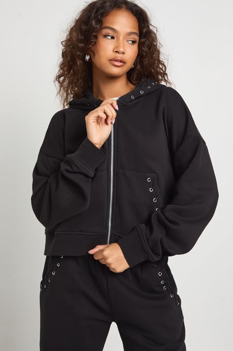 Stitch Detail Zip Through Hoodie And Wide Leg Jogger Tracksuit - Image 4