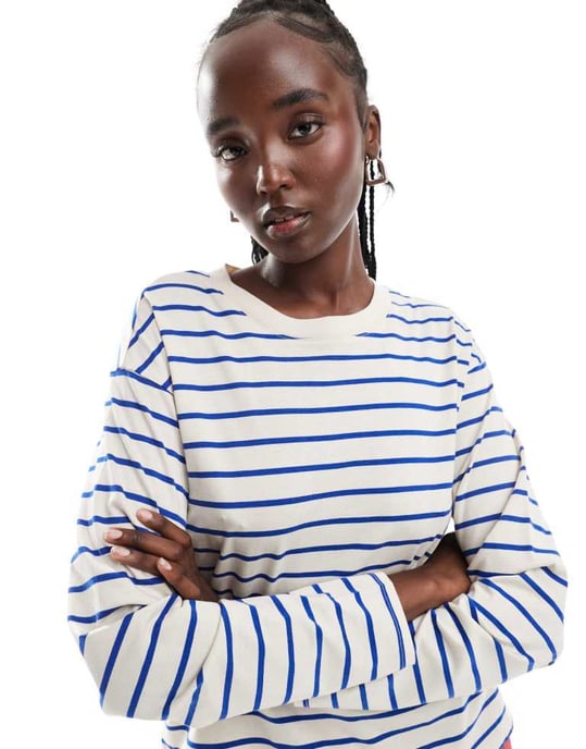 Monki – Beige långärmad t-shirt med blå rand - Image 4