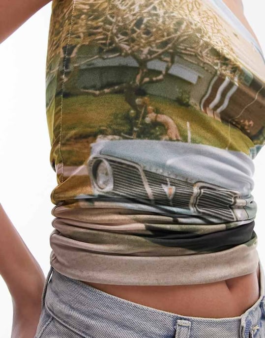 Topshop – Blå bandeau-klänning med billandskap - Image 3