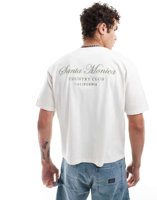 ASOS DESIGN – Vit, boxig, avslappnad t-shirt med stadstryck baktill - Image 3