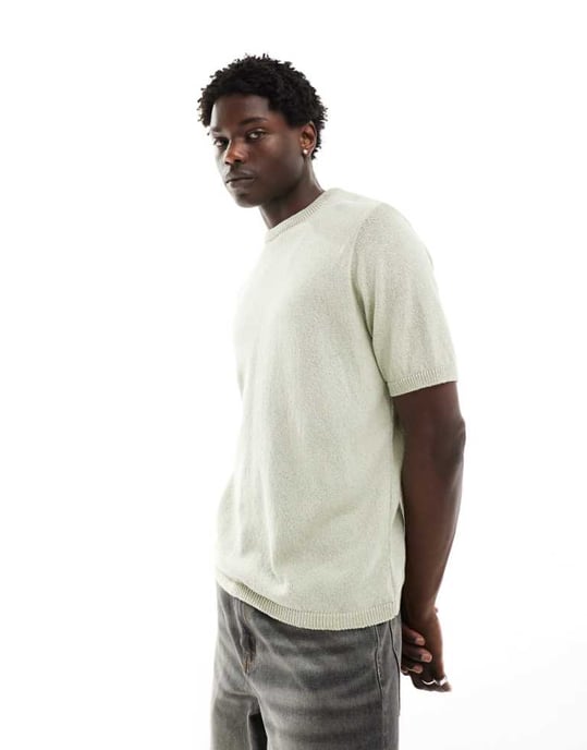 ASOS DESIGN – Grå, avslappnad stickad t-shirt med rund halsringning och textur - Image 1