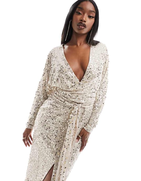 ASOS DESIGN – Midiklänning med fladdermusärm och omlottmidja i paljettmönster - Image 4