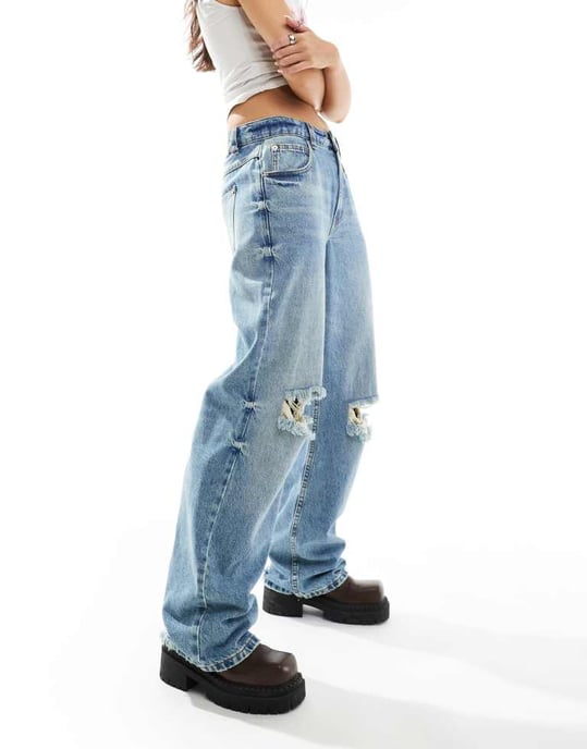 ASOS DESIGN – Mellanblå baggy jeans med revor - Image 4