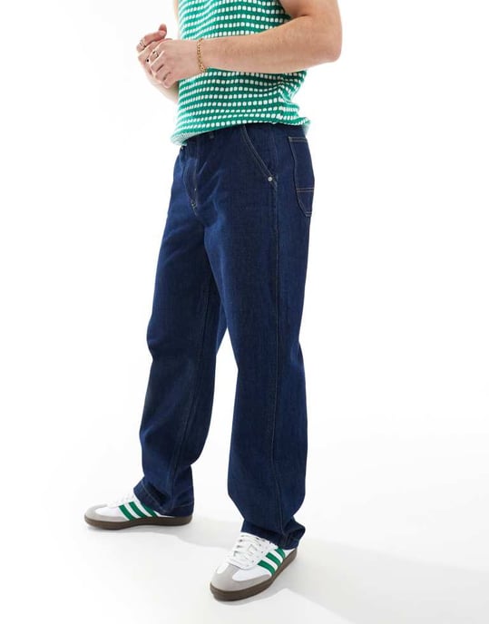 Baggy jeans i snickarblå denim med bomullsmönster - Image 4