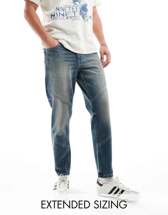 ASOS DESIGN avsmalnande jeans med paneler i en mörkblå vintageton - TURKOS - Image 1