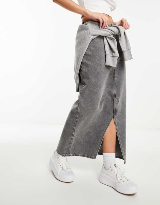 Monki – Grå midikjol i jeanskjol - Image 4