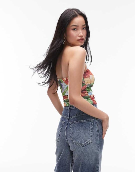 Topshop – Multifärgad bandeau-klänning med målade blommiga detaljer - Image 4