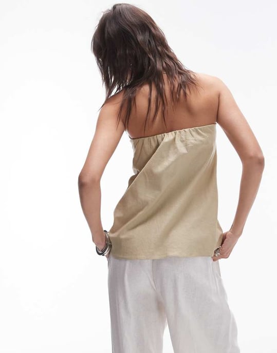 Topshop – Sandfärgad bandeau-klänning i linne med lång ärm - Image 2