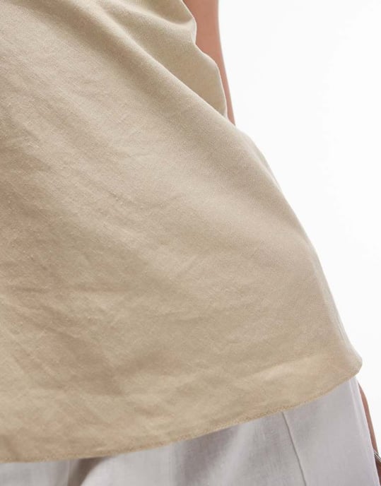 Topshop – Sandfärgad bandeau-klänning i linne med lång ärm - Image 3