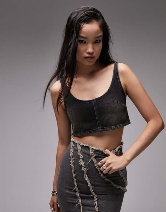 Topshop – Svart, tvättad mini-croptop i denim - Image 2