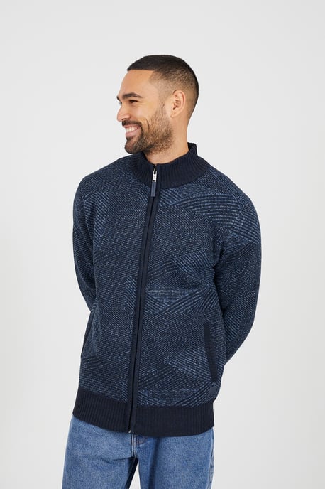 Navy Funnel Neck Zip Through Knitted Jumper - Image 1