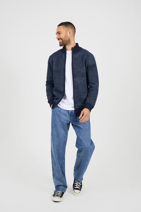 Navy Funnel Neck Zip Through Knitted Jumper - Image 3