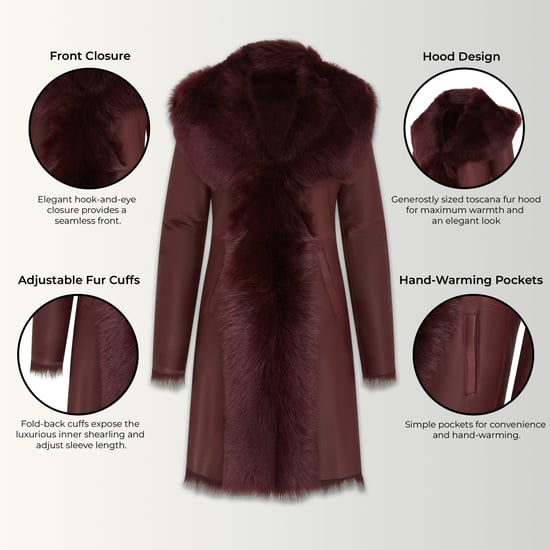 Dames Bordeauxrode Toscaanse trenchcoat met capuchon van echt schapenleer - Verona - Image 3
