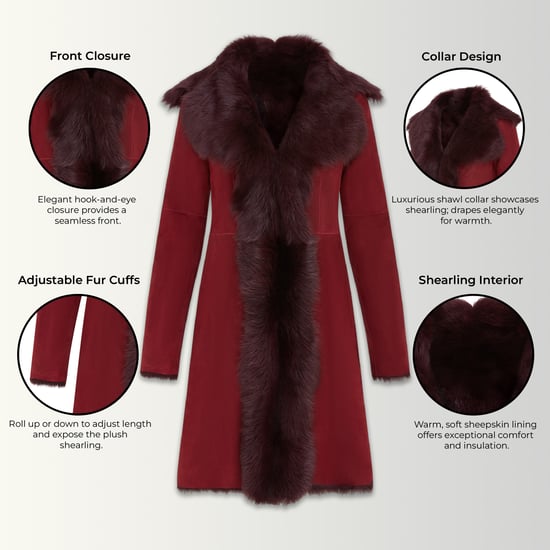 Womens Burgundy Red Toscana Sheep Suede Leather Trench Coat- Celeste - Image 3