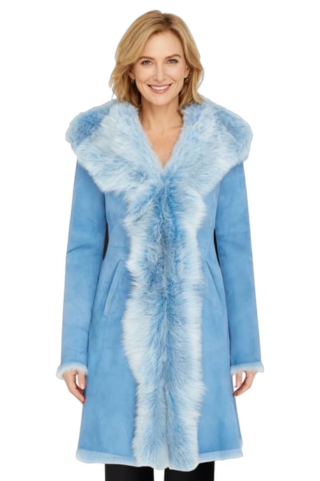 Womens Blue Toscana Real Sheep Leather Suede Hooded Trench Coat - Isola - Image 1