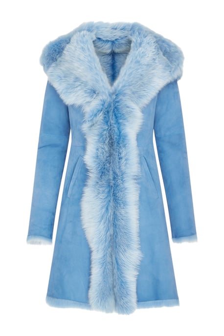 Womens Blue Toscana Real Sheep Leather Suede Hooded Trench Coat - Isola - Image 2