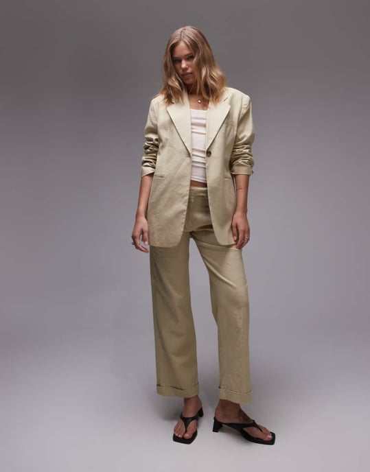 Topshop – Sandfärgade, lågt slängda linnebyxor med vida ben - Image 1