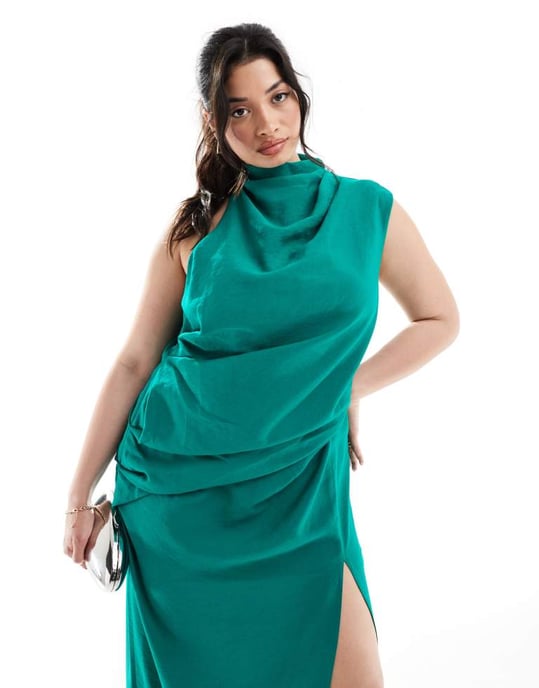 ASOS DESIGN Curve – Grön maxiklänning med hög halsringning och drapering, en axel och slits till låren - Image 2