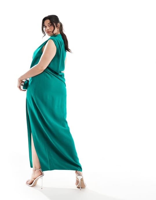 ASOS DESIGN Curve – Grön maxiklänning med hög halsringning och drapering, en axel och slits till låren - Image 3