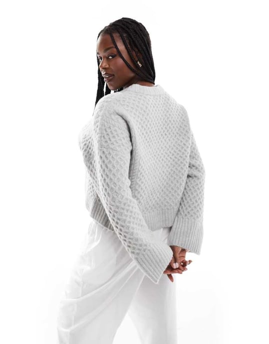 ASOS DESIGN Curve crew neck cable jumper with wide cuff in grey - Image 3