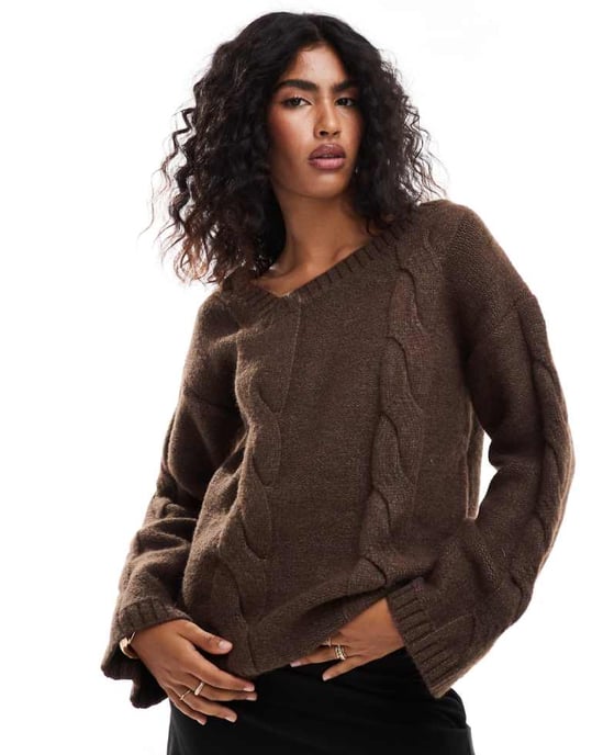 SNDYS premium asymmetric v neck cable knit jumper in mocha - Image 1