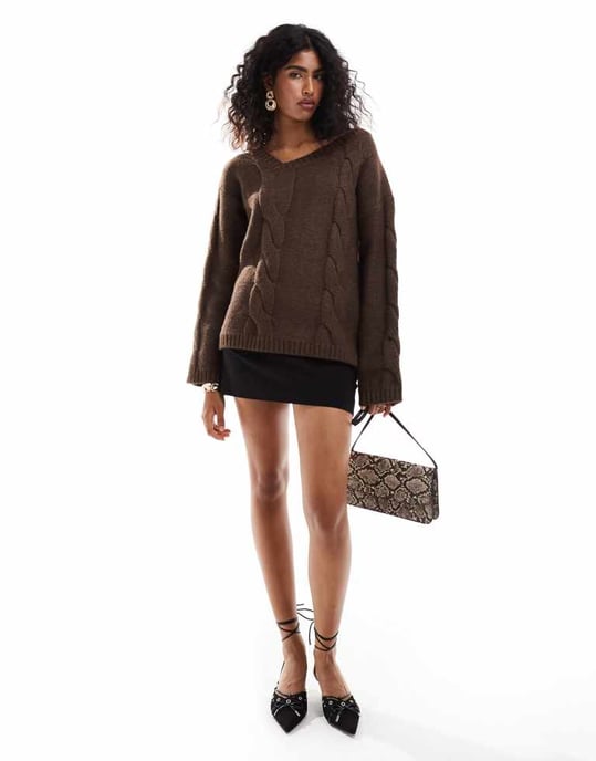 SNDYS premium asymmetric v neck cable knit jumper in mocha - Image 2