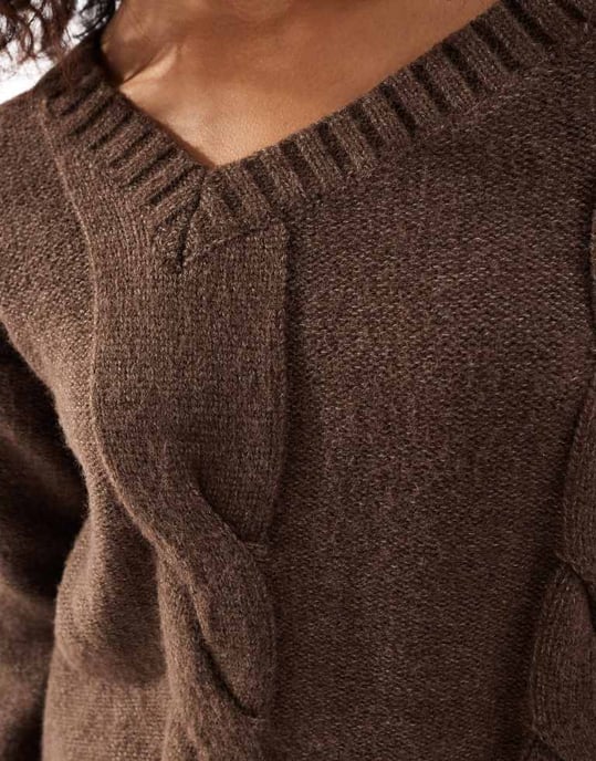 SNDYS premium asymmetric v neck cable knit jumper in mocha - Image 3