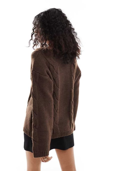 SNDYS premium asymmetric v neck cable knit jumper in mocha - Image 4