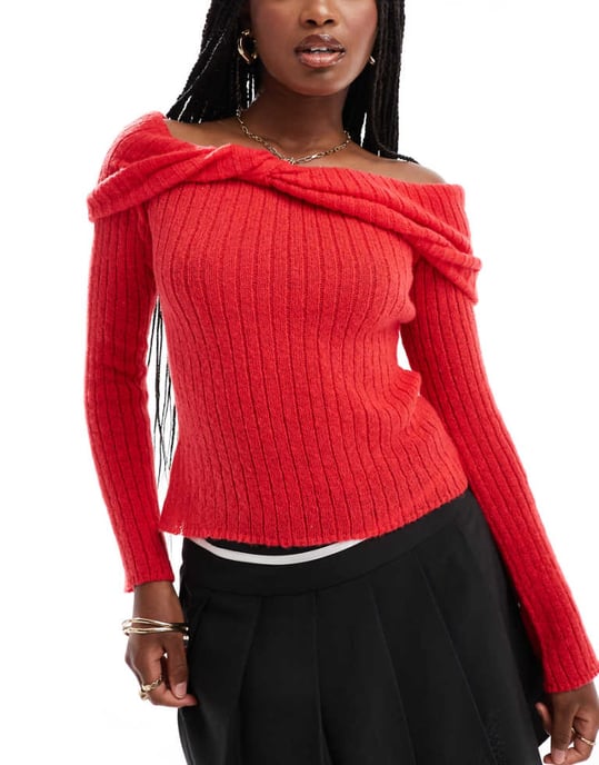 In The Style knitted bardot twist jumper in red - Image 1