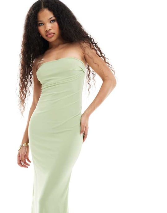 ASOS DESIGN Petite – Äppelgrön midiklänning i mesh med bandeau-krage och volang - Image 4