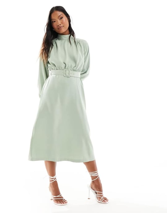 Closet London Petite – Salviagrön midiklänning med hög halsringning och skärp - Image 4