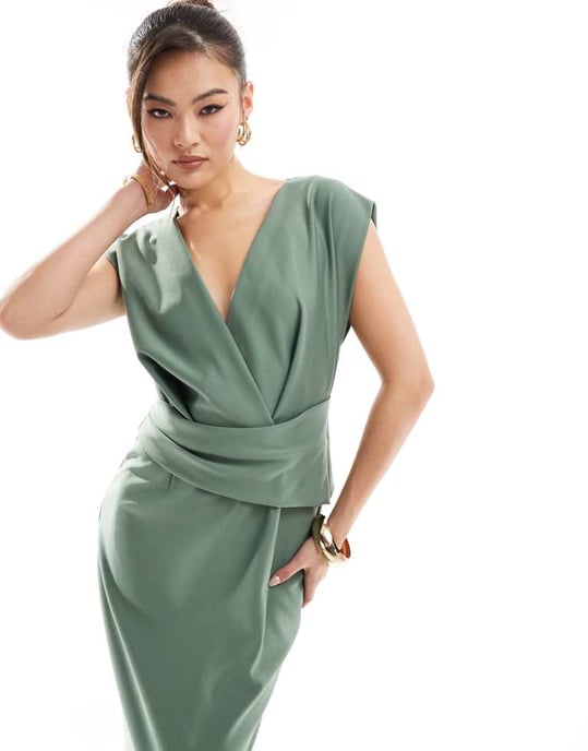 ASOS DESIGN – Grön ärmlös midiklänning i jerseytwill med omlottmönster - Image 2