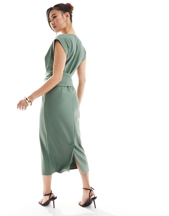 ASOS DESIGN – Grön ärmlös midiklänning i jerseytwill med omlottmönster - Image 3