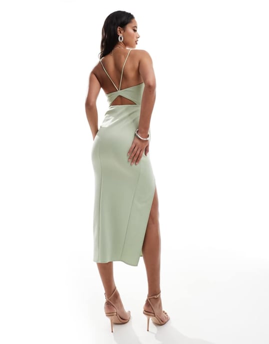 ASOS DESIGN – Salviagrön midiklänning med halterneck och omlottkjol - Image 1