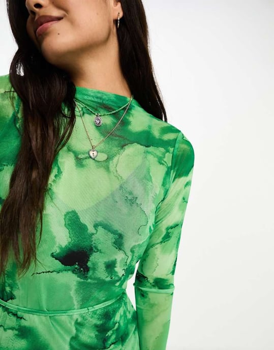 Vero Moda – Grön midiklänning i mesh med tryck - Image 3