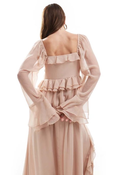 Miss Selfridge – Rosa maxiklänning i chiffong med volanger - Image 3