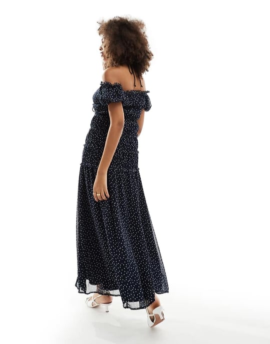 ASOS DESIGN – Prickig maxiklänning med bardotmönster och rynkad midja - Image 3