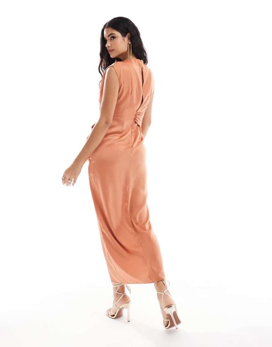 ASOS DESIGN sidentopp med hög krage och drapering, delad maxiklänning i ljus rost - Image 4