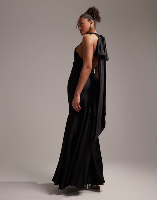 black tie dresses asos ASOS LUXE Curve maxi dress with waterfall ruffles and tie straps in black