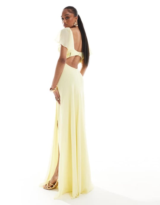 ASOS DESIGN Tall – Citronfärgad maxiklänning i chiffong med korsettdetalj och utsvängda ärmar - Image 3