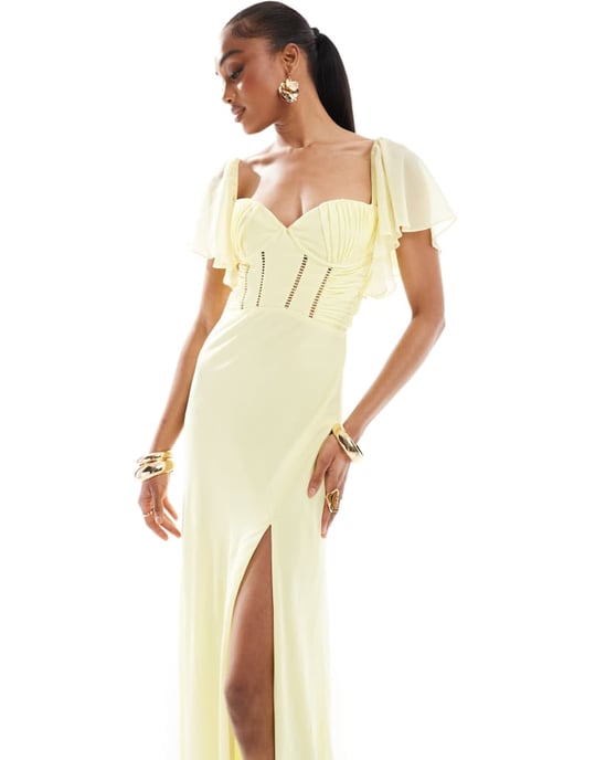 ASOS DESIGN Tall – Citronfärgad maxiklänning i chiffong med korsettdetalj och utsvängda ärmar - Image 4