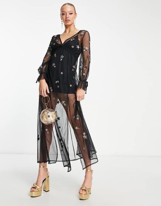 Miss Selfridge – Svart maxiklänning med paljetter och stjärnor i mesh - Image 1