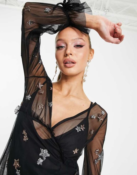 Miss Selfridge – Svart maxiklänning med paljetter och stjärnor i mesh - Image 3