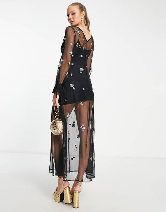 Miss Selfridge – Svart maxiklänning med paljetter och stjärnor i mesh - Image 4