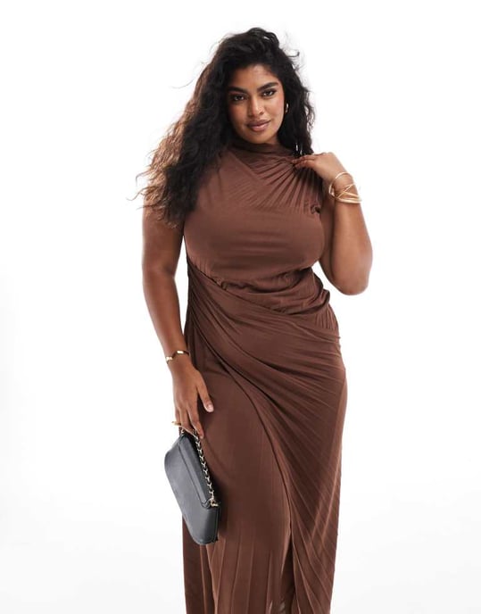 ASOS DESIGN Curve high neck pleated maxi dress with drape wrap skirt in chocolate - Image 2